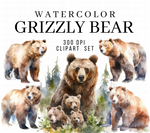 Grizzly Bear Watercolor Clipart Set