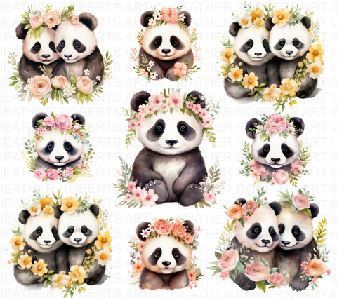 Watercolor Floral Crown Panda Clipart Set
