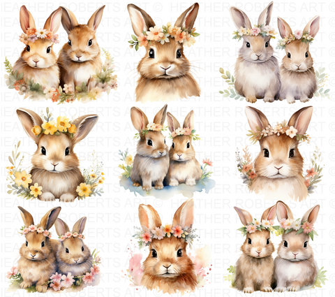 Watercolor Floral Rabbit Clipart Set