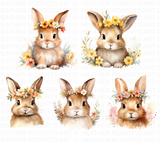 Watercolor Floral Rabbit Clipart Set