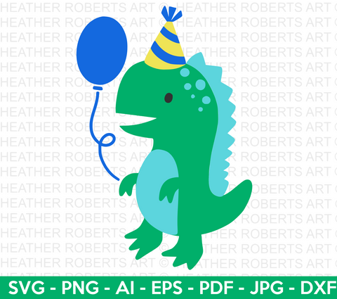 Dinosaur with Party Hat and Balloon SVG