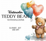 Watercolor Teddy Bear with Balloons Clipart Set