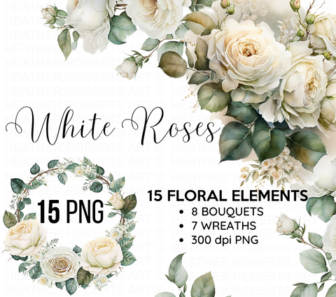 Watercolor White Roses Clipart Set