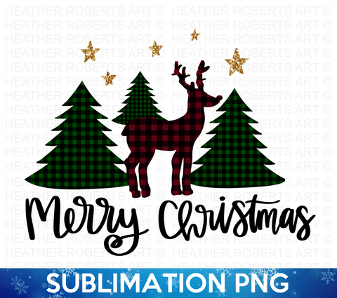 Merry Christmas Plaid Christmas Trees and Reindeer Sublimation PNG