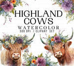 Watercolor Highlands Cow Clipart Set