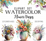 Watercolor Flower Vases Clipart Set