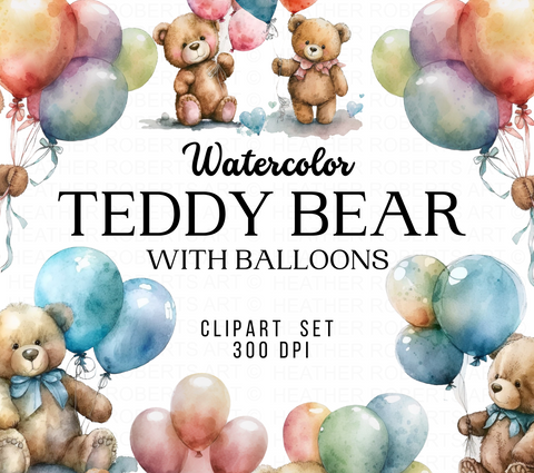 Watercolor Teddy Bear with Balloons Clipart Set