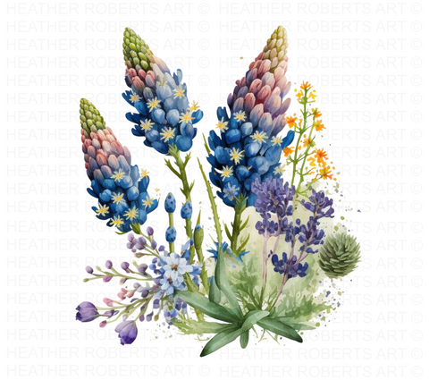Bluebonnets Watercolor Clipart - Texas State Flower