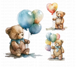 Watercolor Teddy Bear with Balloons Clipart Set