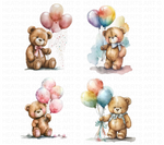 Watercolor Teddy Bear with Balloons Clipart Set