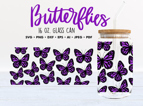 Purple Butterfly SVG 16oz Glass Can Wrap