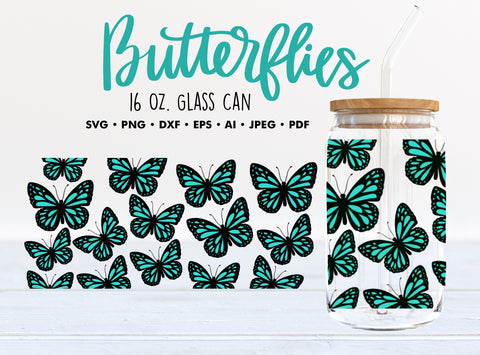 Teal Butterfly SVG 16oz Glass Can Wrap