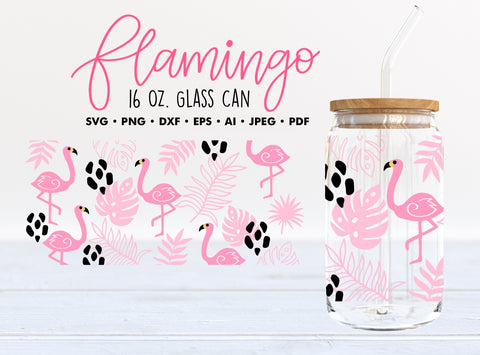 Flamingo Monstera, 16oz Glass Can Wrap