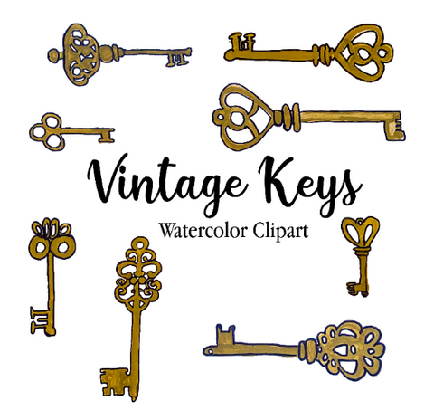 Watercolor Vintage Keys Clipart
